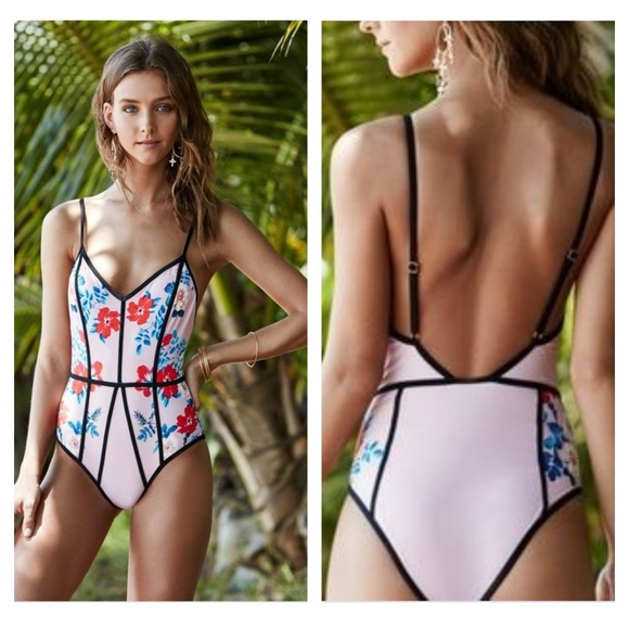 La Hearts Other - LA HEARTS | One Piece Swimsuit Blush Pink V Neck Pinup Floral Corset XL